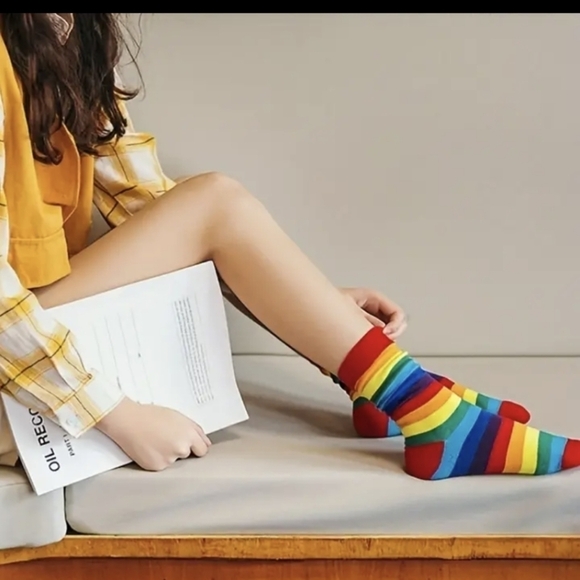 🌈 Socks-- In happy yellow + vivid rainbow stripes - Picture 3 of 3